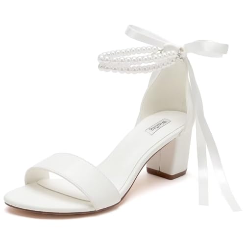 Pearl Wedding Shoes Open Toe Block Heel Wedding Sandals Chunky Heel Bridal Shoes