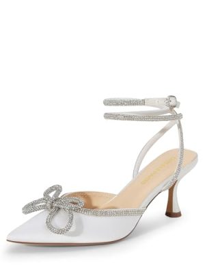 Kitten Heels Rhinestone Bow Ankle Strap Stiletto Pointed Closed Toe Heels for Women Pumps Wedding Bridal Party Dress Shoes