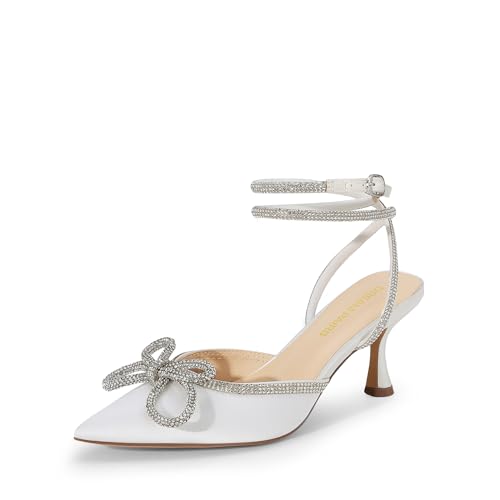 Kitten Heels Rhinestone Bow Ankle Strap Stiletto Pointed Closed Toe Heels for Women Pumps Wedding Bridal Party Dress Shoes