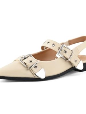 Women's Buckle Ballet Flats Pointed Closed Toe Slingback Shoes with Low Heel Comfortable Dress Flats