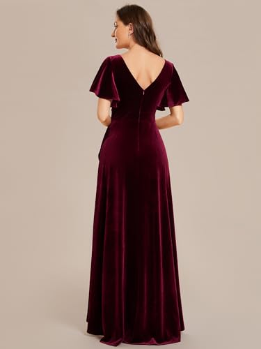 Women's Velvet Ruffle Sleeve V-Neck Wrap Waist Maxi Dress High Low Wedding Guest Dresses 02041