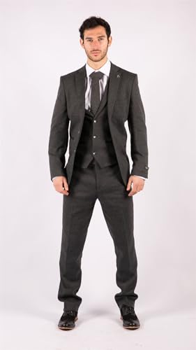 Mens Grey Black 3 Piece Tweed Suit Herringbone Wool Vintage Retro