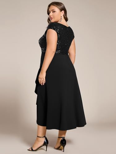 Women's Summer V Neck A Line Sequin Cap Sleeves Tea Length Plus Size Formal Wedding Guest Dresses