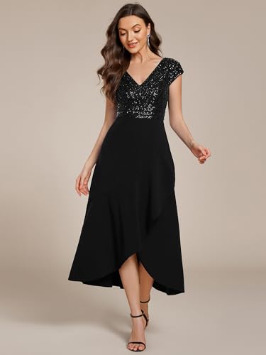 Women's Elegant V Neck Sequin Short Sleeve Hi-Lo Tea Length Evening Gowns 02325