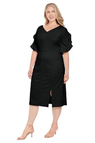 Women's V-Neck Midi Sheath Ruffle Sleeves-Front Slit-Elegant Wedding Guest Cocktail Dress