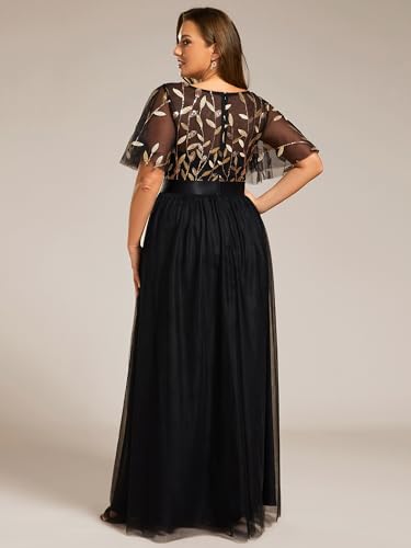 Women's Round Neck Short Sleeves Plus Size A-Line Tulle Sequin Formal Evening Dresses 0904-DA2