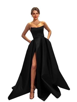 Womens Long Strapless Satin Prom Dress Sleeveless Slit Evening Ball Gown with Pockets