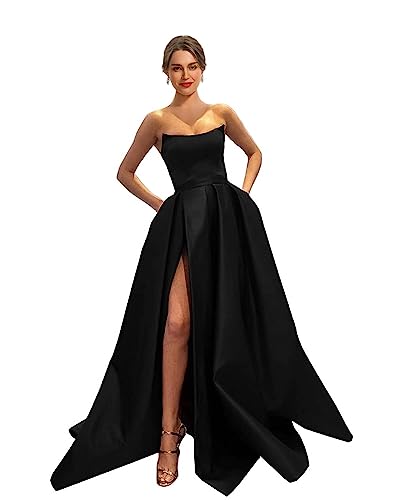 31mnCDYOWVL.jpg Womens Long Strapless Satin Prom Dress Sleeveless Slit Evening Ball Gown with Pockets