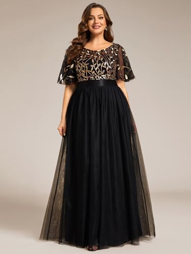 Women's Round Neck Short Sleeves Plus Size A-Line Tulle Sequin Formal Evening Dresses 0904-DA2