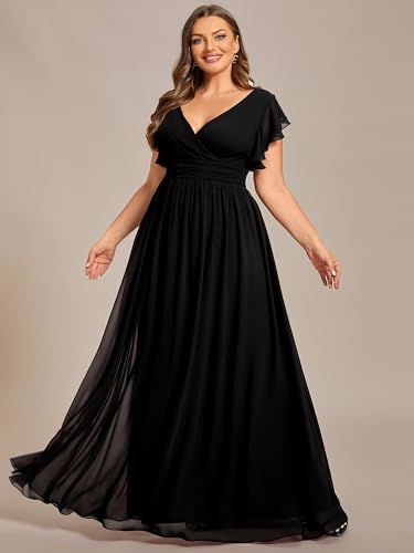 Women's Summer Chiffon Ruffles Sleeve Pleated Back Cutout Plus Size Bridesmaid Dresses Formal Gowns
