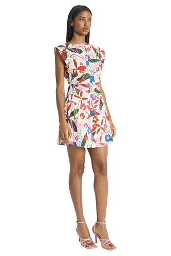 Women's Floral Cotton Poplin Mini Structured Cap Sleeves-Garden Party A-line Summer Wedding Guest Dress