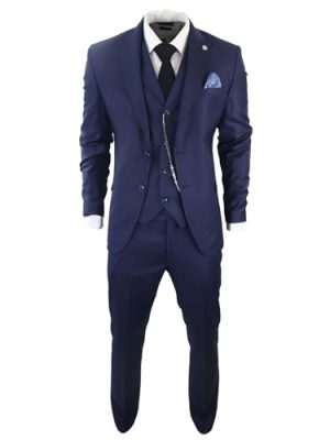Mens Classic 3 Piece Suit Navy Blue Pocket Chain Wedding Tailored Fit Vintage Formal