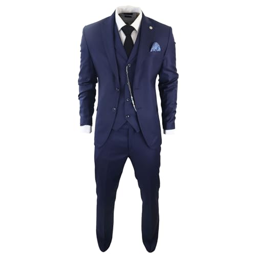 Mens Classic 3 Piece Suit Navy Blue Pocket Chain Wedding Tailored Fit Vintage Formal