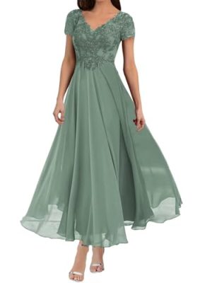 Mother of The Bride Dresses Lace Appliques Formal Evening Party Prom Gown Chiffon Short Sleeve A-Line DR0201R