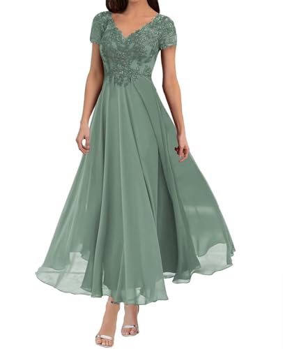 Mother of The Bride Dresses Lace Appliques Formal Evening Party Prom Gown Chiffon Short Sleeve A-Line DR0201R