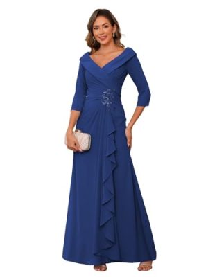 Chiffon Mother of The Bride Dresses for Wedding with 3/4 Sleeves Long Ruched Applique Formal Dress RS111