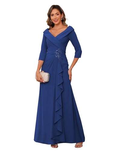 Chiffon Mother of The Bride Dresses for Wedding with 3/4 Sleeves Long Ruched Applique Formal Dress RS111