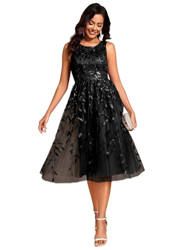 Women's Sequin Sparkly Crew Neck Short Sleeve Tea Length Evening Dress 20736