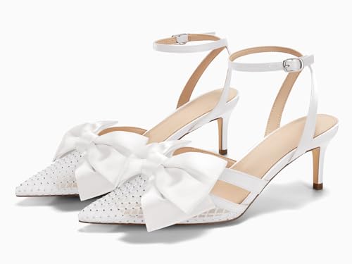 Womens Kitten Low Heels Rhinestone Mesh Bow Heels Closed Pointed Toe Ankle Strap Pumps Dress Wedding Shoes