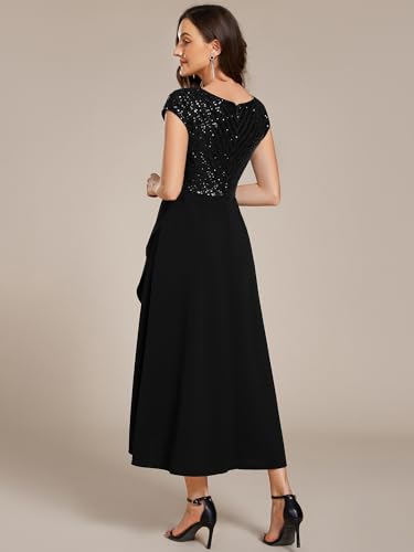 Women's Elegant V Neck Sequin Short Sleeve Hi-Lo Tea Length Evening Gowns 02325