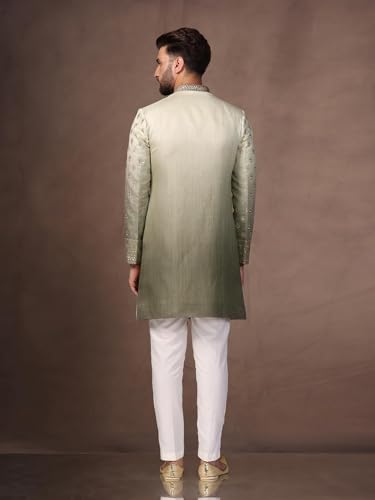 Men's Indo Western Sherwani Trouser Set, Green Silk Blend, Embroidered Regular Fit Mandarin Collar Long Sleeves