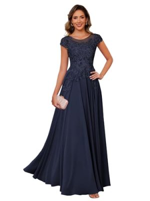 Women's Lace Applique Mother of The Bride Dress Cap Sleeves Round Neck Evening Gown NO195