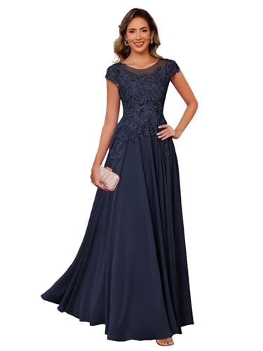 31wifS7mtZL.jpg Women's Lace Applique Mother of The Bride Dress Cap Sleeves Round Neck Evening Gown NO195