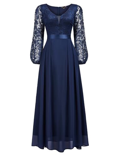 Women's Wedding Guest A-Line Dress Floral Lace Deep V Neck Long Sleeve Formal Evening Gown