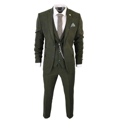 Men's 3 Piece Suit Wool Tweed Green Blue Brown Check 1920s Gatsby Formal Dress Suits