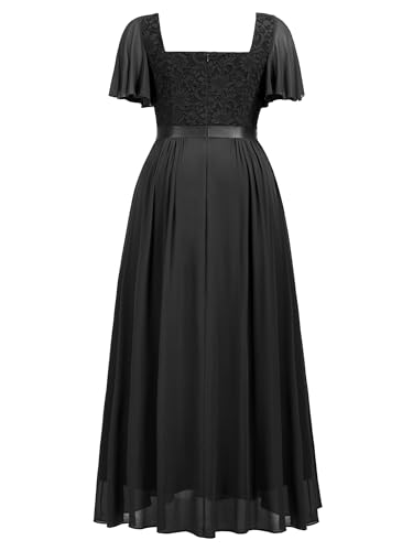 Women's Plus Size Floral Lace Ruffle Sleeves Beads Waist Chiffon Formal Party Maxi Dress