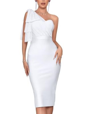 Women's One Shoulder Cocktail Bandage Dress Midi Party Mesh Bow Bodycon Wedding Guest Dresses