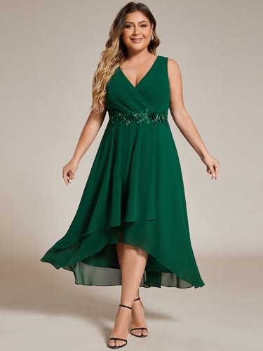 Women's Summer Chiffon Sleeveless V Neck Applique Plus Size High Low Formal Wedding Guest Dresses 41926-DA
