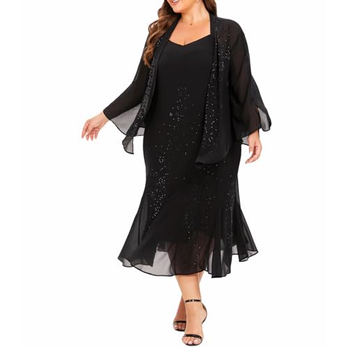 Plus Size Jacket Dress Suits 2 Piece Chiffon Sets Delicate Rhinestone Pattern Mother of Bride Dresses for Wedding