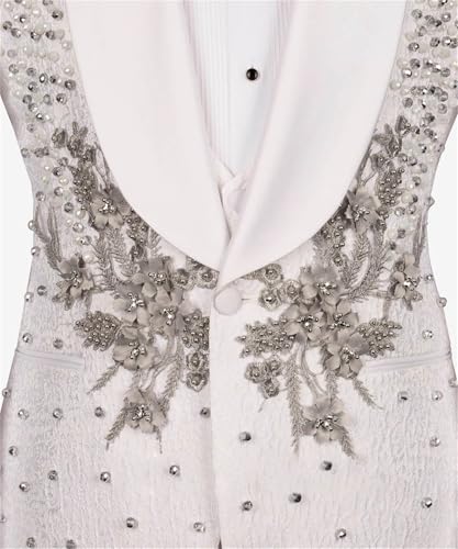 Men's Luxury Handmade Rhinestone Paisley Blazer Slim Fit Single Breasted White Dinner Prom Wedding Stylish Tuxedo