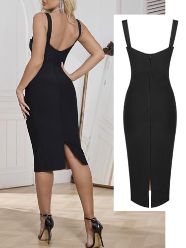 Lace Fishbone Midi Cocktail Party Bandage Dress for Women Back Slit Wedding Guest Dress