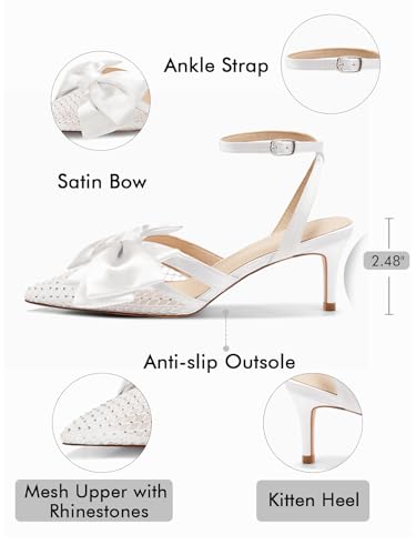 Womens Kitten Low Heels Rhinestone Mesh Bow Heels Closed Pointed Toe Ankle Strap Pumps Dress Wedding Shoes