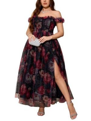 Womens Wedding Guest 2025 Elegant Classy Off The Shoulder Dress Floral Sleeveless Tulle Split Cocktail Party Maxi Dresses