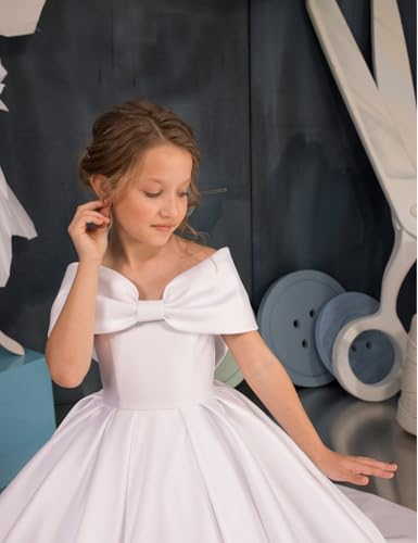 Girls Pageant Dresses Satin Flower Girl Dress - Off Shoulder First Communion Dress Princess for Girls