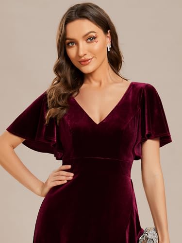 Women's Velvet Ruffle Sleeve V-Neck Wrap Waist Maxi Dress High Low Wedding Guest Dresses 02041
