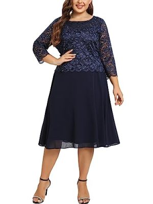 Women's Plus Size Tea Length Sequin Lace Dress Mother Gifts Special Occasion Wedding Party Dresses