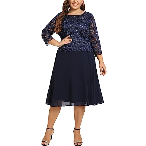 Women's Plus Size Tea Length Sequin Lace Dress Mother Gifts Special Occasion Wedding Party Dresses