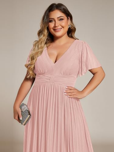 Women's A Line V Neck Glitter Short Sleeves Pleated Plus Size Formal Evening Dresses 11961-DA