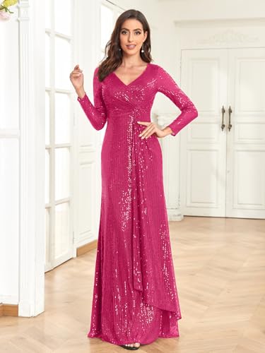 Glitter Sequin Formal Evening Gown Long Sleeve V Neck Wedding Guest Dress for Women