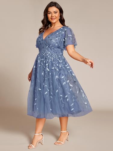 Women's V Neck Short Sleeves Embroidery Empire Waist Sequin Plus Size Midi Cocktail Wedding Guest Dresses 2230-DA