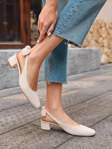 Womens Chunky Low Heels Bow Slingback Pumps Closed Square Toe Wedding Party Dress Shoes