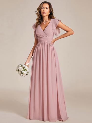 Women's Flowy Chiffon A Line Ruffles Sleeves Back Cutout Bridesmaid Dresses 01819