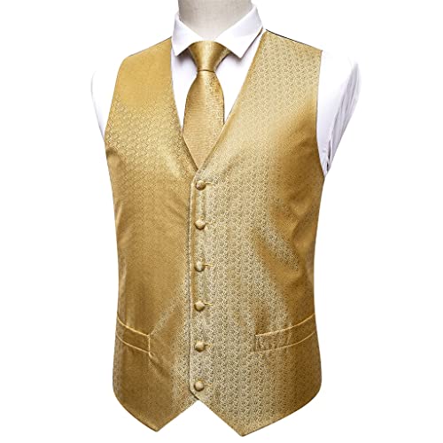 FMURY 5PCS Gold Solid Wedding Vest Men's Suit Silk Tie Cufflinks Brooch Suit Formal Vest Vest