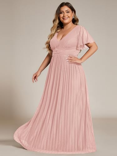 Women's A Line V Neck Glitter Short Sleeves Pleated Plus Size Formal Evening Dresses 11961-DA