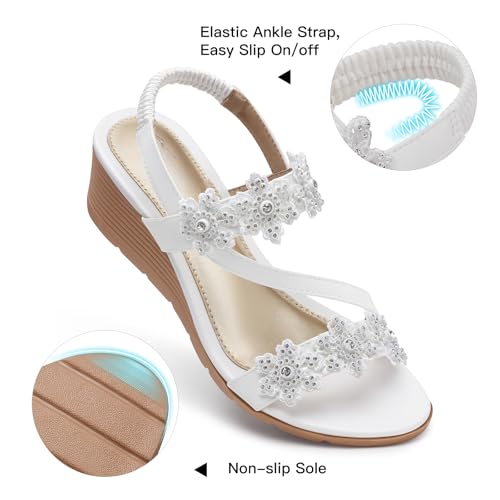 Wedge Sandals for Women Dressy: Summer Open Toe Low Platform Wedges Sandals Elastic Ankle Strap Flower Comfortable Casual Shoes