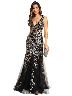 Women's Formal Dress Sequin Tulle Double V-Neck Sleeveless Mermaid Long Evening Dress 07886